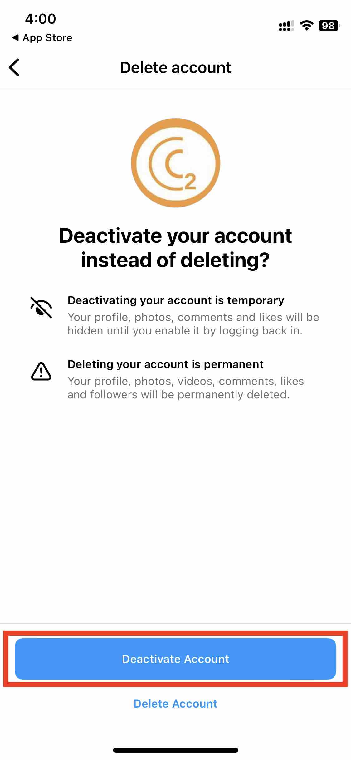 Deactivate Instagram account button on Mobile App